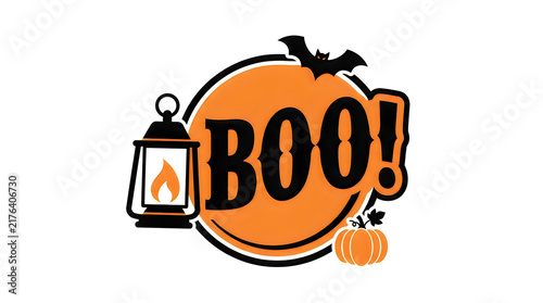 Halloween spooky orange jack o lantern with bat and lantern
