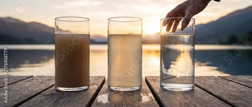 Panel kuchenny z motywem Different beverages in glasses on a wooden dock at sunset