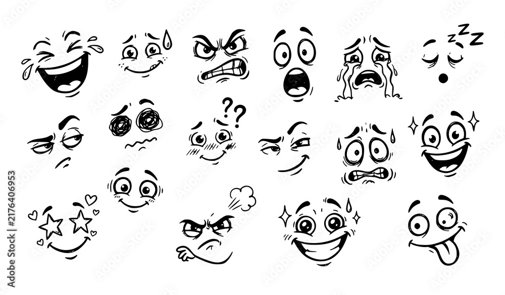 Fototapeta premium Funny Comic Emoji Faces Different Emotions Hand Drawn Vector Collection