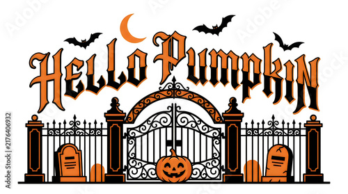 Halloween pumpkin gate with bats and graveyard