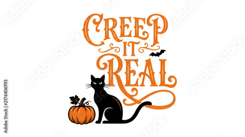 Black cat with pumpkin creepy halloween text