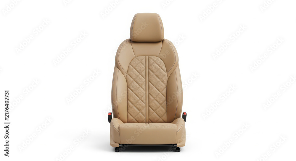 Obraz premium Luxurious beige leather car seat featuring elegant diamond stitching patterns isolated against a plain white background for professional automotive design