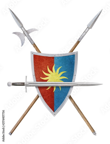 Konstfotografi sword color shield spear and poleaxe isolated on white