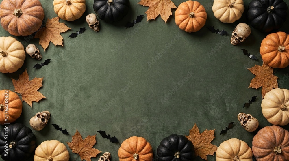 Obraz premium Halloween Flat Lay with Pumpkins Skulls and Bats on Green Background