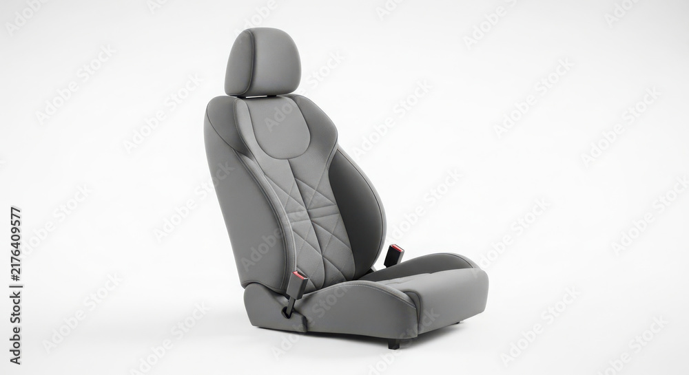 Obraz premium Grey leather car seat featuring quilted diamond stitching patterns isolated against clean white background for automotive interior design commercial projects