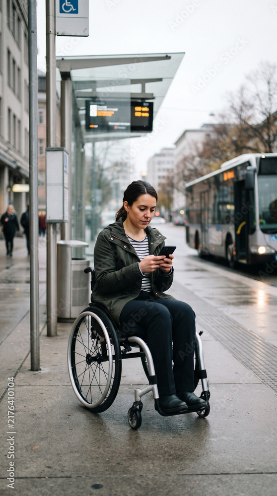 Obraz premium Woman in wheelchair using phone at bus stop on rainy day