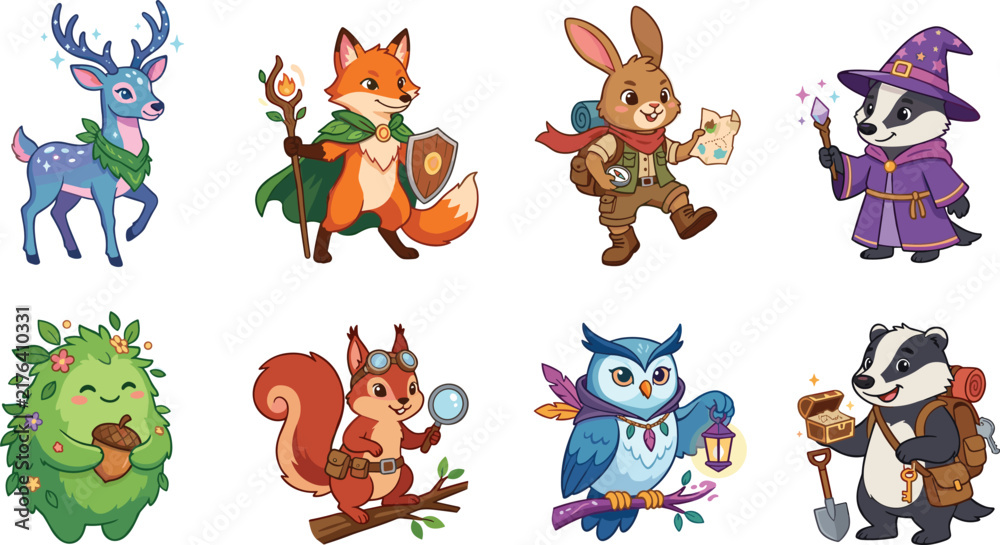 Obraz premium Fantasy Woodland Animal Characters Cartoon Vector Illustration Set