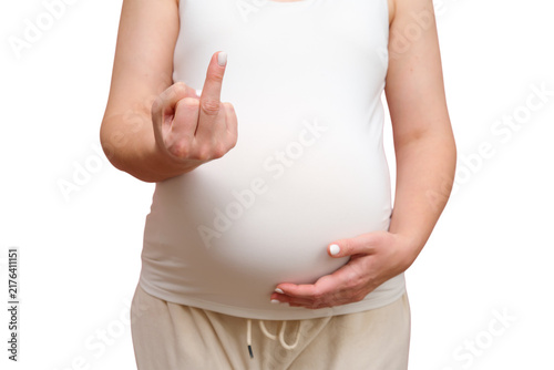 Bild auf Leinwand Pregnant woman showing middle finger