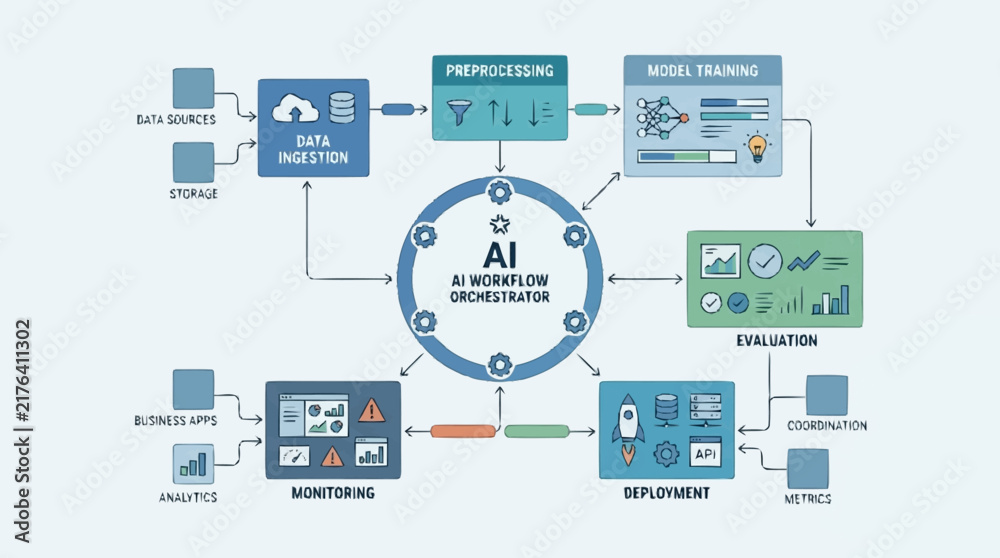 Fototapeta premium Artificial Intelligence Workflow Diagram With Connected Modules.