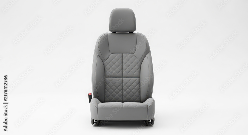 Obraz premium Modern gray leather automotive seat featuring quilted stitch patterns and adjustable headrest isolated against a clean simple white studio background