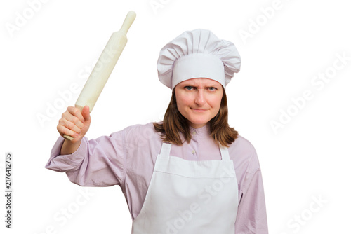 Obraz na płótnie Angry woman chef holding rolling pin in air