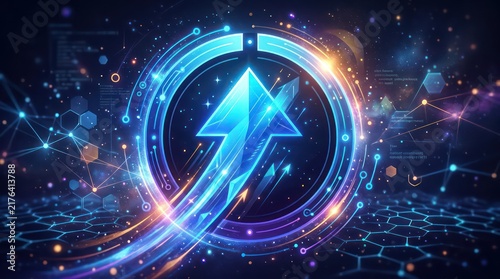 Glowing blue digital arrow rising upward for business growth