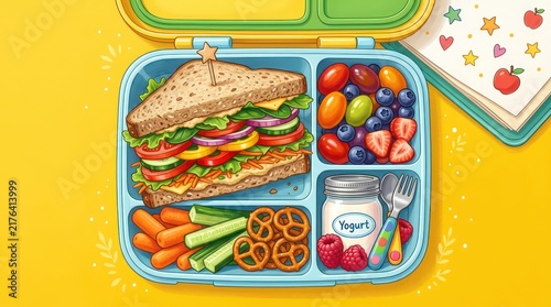 Healthy illustrated lunch box with sandwich and fresh fruit snacks