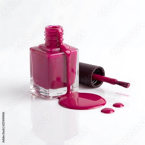 A glass bottle of vibrant pink nail polish spilling on white surface