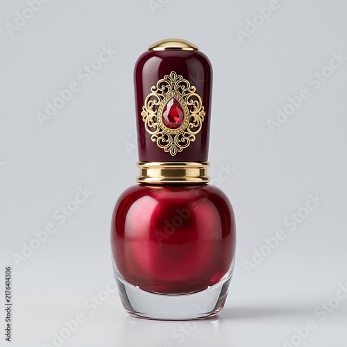 Luxury red nail polish bottle with ornate golden cap and jewel decoration