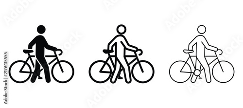 Set of icons of a person walking with a bicycle