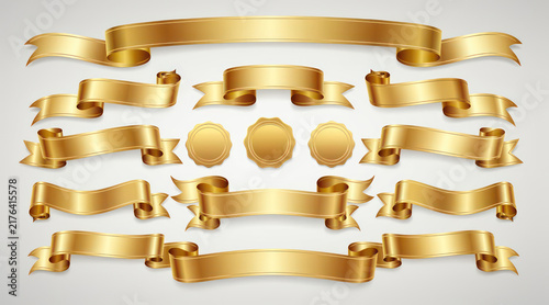 Gold ribbon banners and circular seals set for design