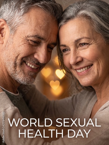 World Sexual Health Day Banner, Happy Mature Couple Embracing Closely with Heart Bokeh Background