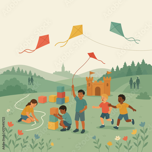 Happy diverse children flying colorful kites and building toy blocks in green meadow park.