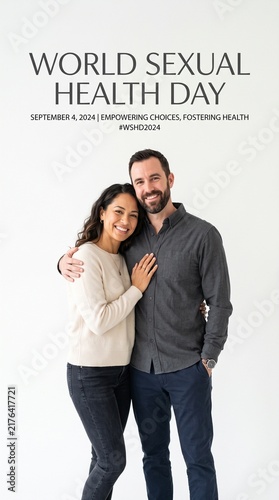 World Sexual Health Day Banner, Happy Adult Couple Standing and Embracing Together on White Background