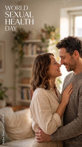 World Sexual Health Day Banner, Happy Young Couple Embracing Closely Inside Cozy Living Room Home