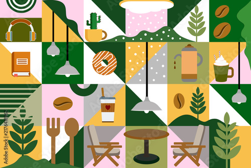 Cozy Coffee Shop Pattern Illustration with Minimalist Café Elements and Aesthetic Green Yellow Colors Geometric Wallpaper Design