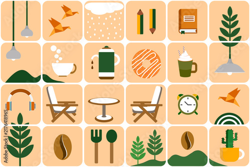 Cozy Coffee Shop Pattern Illustration with Minimalist Cafe Elements and Aesthetic Green Yellow Colors Geometric Wallpaper Design