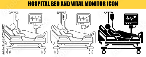 Hospital bed and vital monitor icon in line art, solid white, and solid black color options.