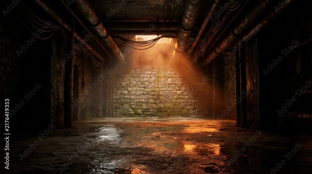 Obraz premium Dark Underground Tunnel with Light Rays Shining Through a Hole onto a Stone Wall, concept of hope in darkness and discovery