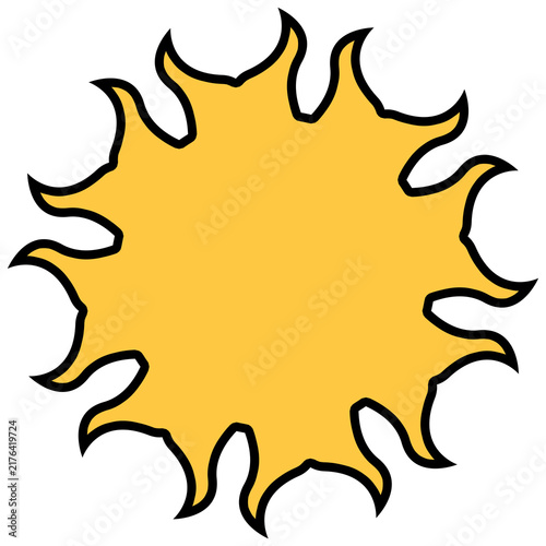 Yellow Sun Icon Black Outline Wavy Rays Vector Isolated