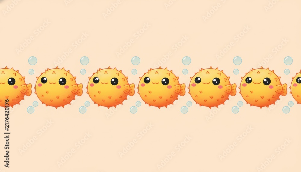 Fototapeta premium Seamless pattern of cute cartoon pufferfish with bubbles on a beige background, concept of playful marine life and repetition