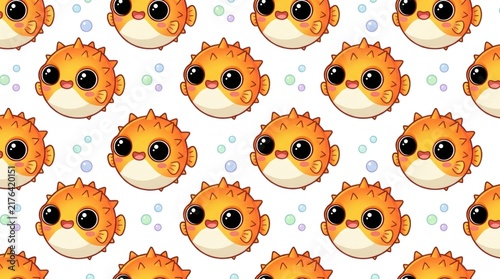 Cute puffer fish seamless pattern with cartoon blowfish characters and bubbles on white background, concept of playful marine life and cheerful repetition