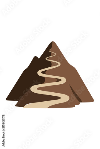 Steep mountain with winding switchback trail hand-traced vector illustration in earthy brown tones, minimalist outdoor hiking symbol depicting rugged terrain and winding path design