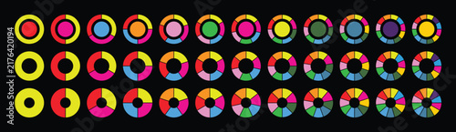Pie chart set. Colorful diagram collection with 2,3,4,5,6,7,8,9,10,11,12 sections or steps. pie chart with black background.