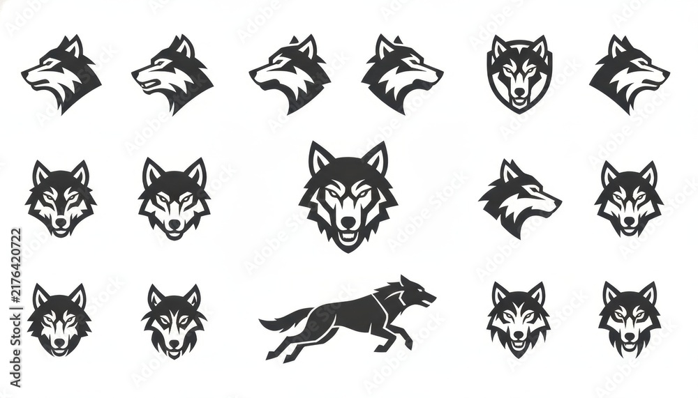 Fototapeta premium Wolf Logo and Icon Set, Black and White Vector Illustrations of Wolf Heads and Running Silhouette, concept of strength, leadership, and wild identity