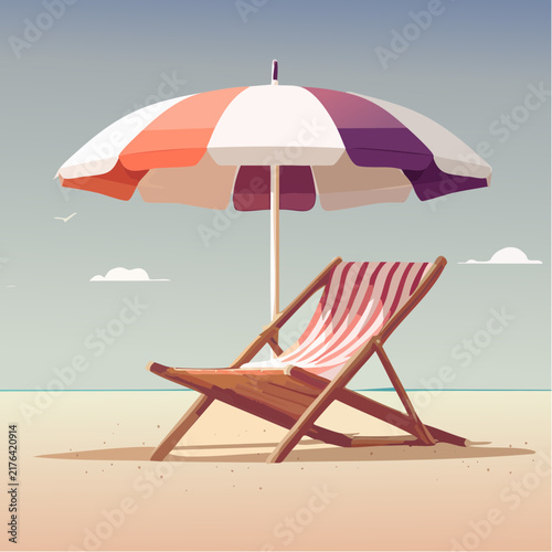 beach umbrella with a lounge chair flat vector illustration