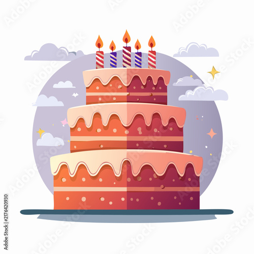 birthday cake with lit candles flat vector illustration