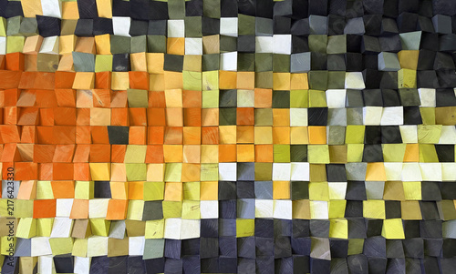 Foto Wall covered with countless colorful wooden block, irregularly cut and densely a