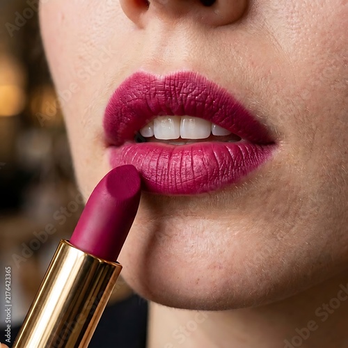 Close up of a young woman applying pink lipstick on her lips