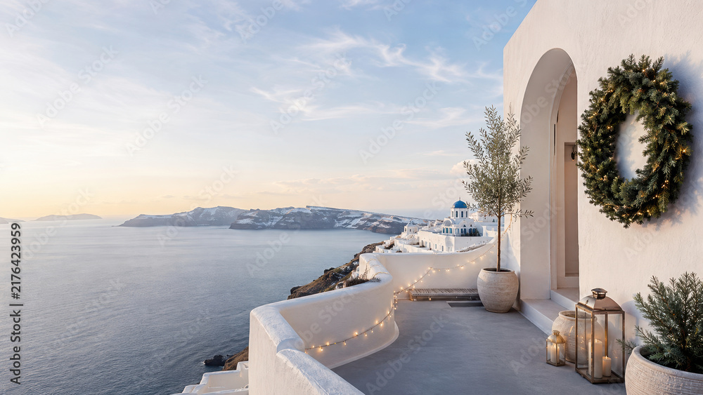 Fototapeta premium Mediterranean Seaside Terrace Decorated for Christmas with Wreath and Lights