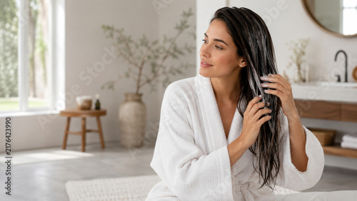 Woman Applying Conditioning Hair Mask to Wet Hair at Home