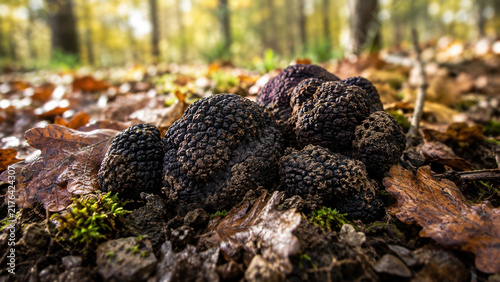 Fresh Black Truffles on Autumn Forest Floor in Natural Woodland