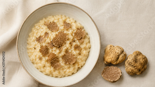 Creamy Truffle Risotto with Fresh White Truffle Slices and Copy Space