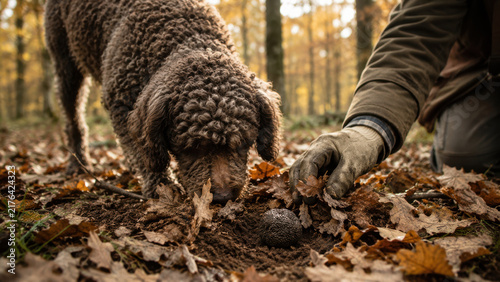 Truffle Hunting Dog and Forager Searching Forest Floor in Autumn