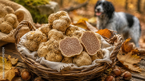 Basket of Fresh White Truffles with Truffle Hunting Dog in Autumn Forest