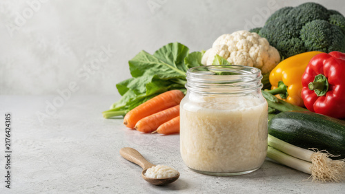 Shio Koji Fermented Rice Seasoning in Glass Jar with Fresh Vegetables