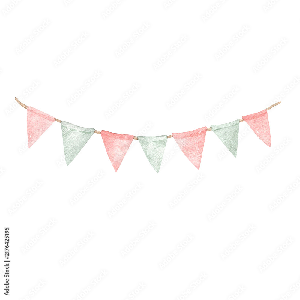 Obraz premium Pink and Green Bunting Garland Hand-painted watercolor illustration of a festive bunting garland with soft pink and green triangular flags. 