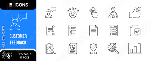 Set of 15 customer feedback and survey line icons, including user review, rating, questionnaire, data analysis, and report symbols for business and marketing