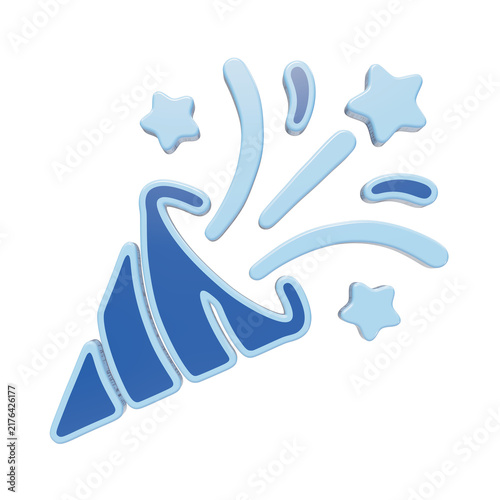 Foto 3D rendered party popper icon with blue color scheme and floating stars on a tra