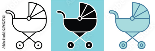 Baby Stroller Icon Set with Carriage Design in Line, Glyph, and Flat Style Vector
